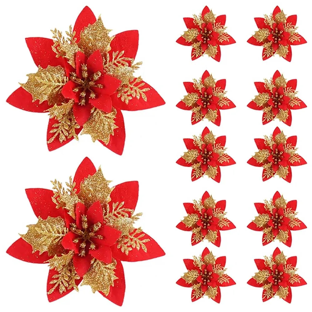 5/10pcs Glitter Poinsettia Flowers – Christmas Tree & Home Décor Ornaments (14.5 cm / 5.7 in)