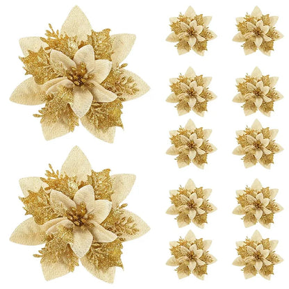 5/10pcs Glitter Poinsettia Flowers – Christmas Tree & Home Décor Ornaments (14.5 cm / 5.7 in)