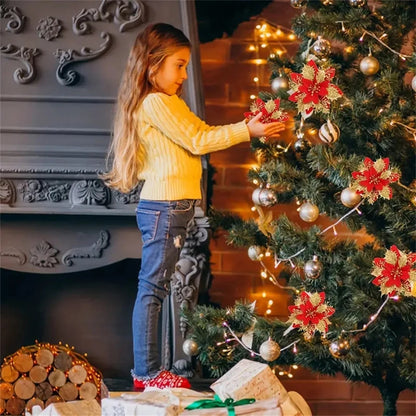 5/10pcs Glitter Poinsettia Flowers – Christmas Tree & Home Décor Ornaments (14.5 cm / 5.7 in)