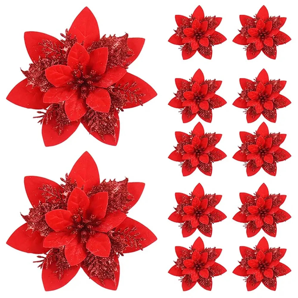 5/10pcs Glitter Poinsettia Flowers – Christmas Tree & Home Décor Ornaments (14.5 cm / 5.7 in)