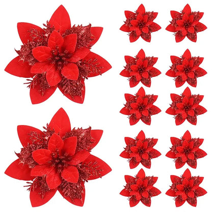 5/10pcs Glitter Poinsettia Flowers – Christmas Tree & Home Décor Ornaments (14.5 cm / 5.7 in)