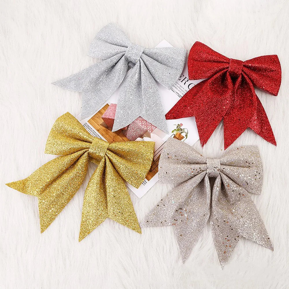 Glitter Christmas Tree Bows – Gold/Silver Hanging Decorations (1–2 Pack)