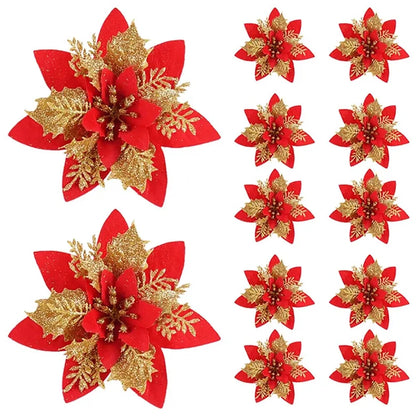 5/10pcs Glitter Poinsettia Flowers – Christmas Tree & Home Décor Ornaments (14.5 cm / 5.7 in)