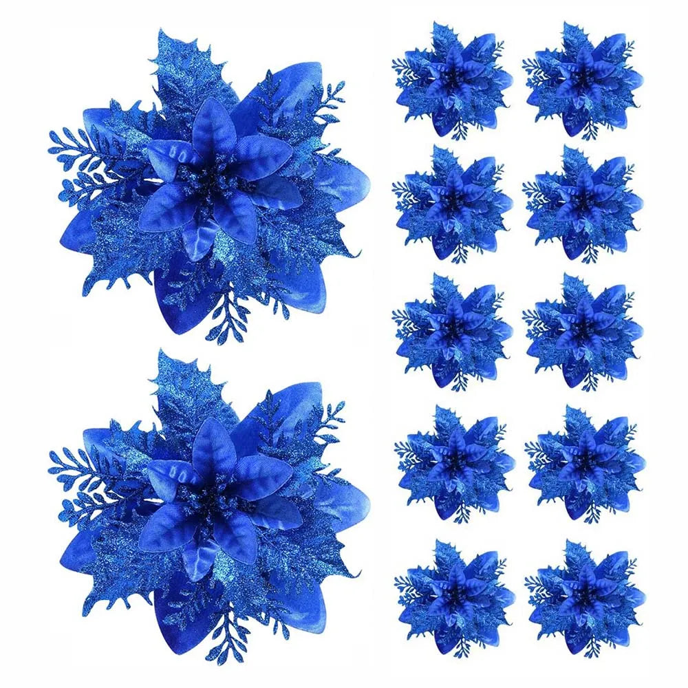 5/10pcs Glitter Poinsettia Flowers – Christmas Tree & Home Décor Ornaments (14.5 cm / 5.7 in)
