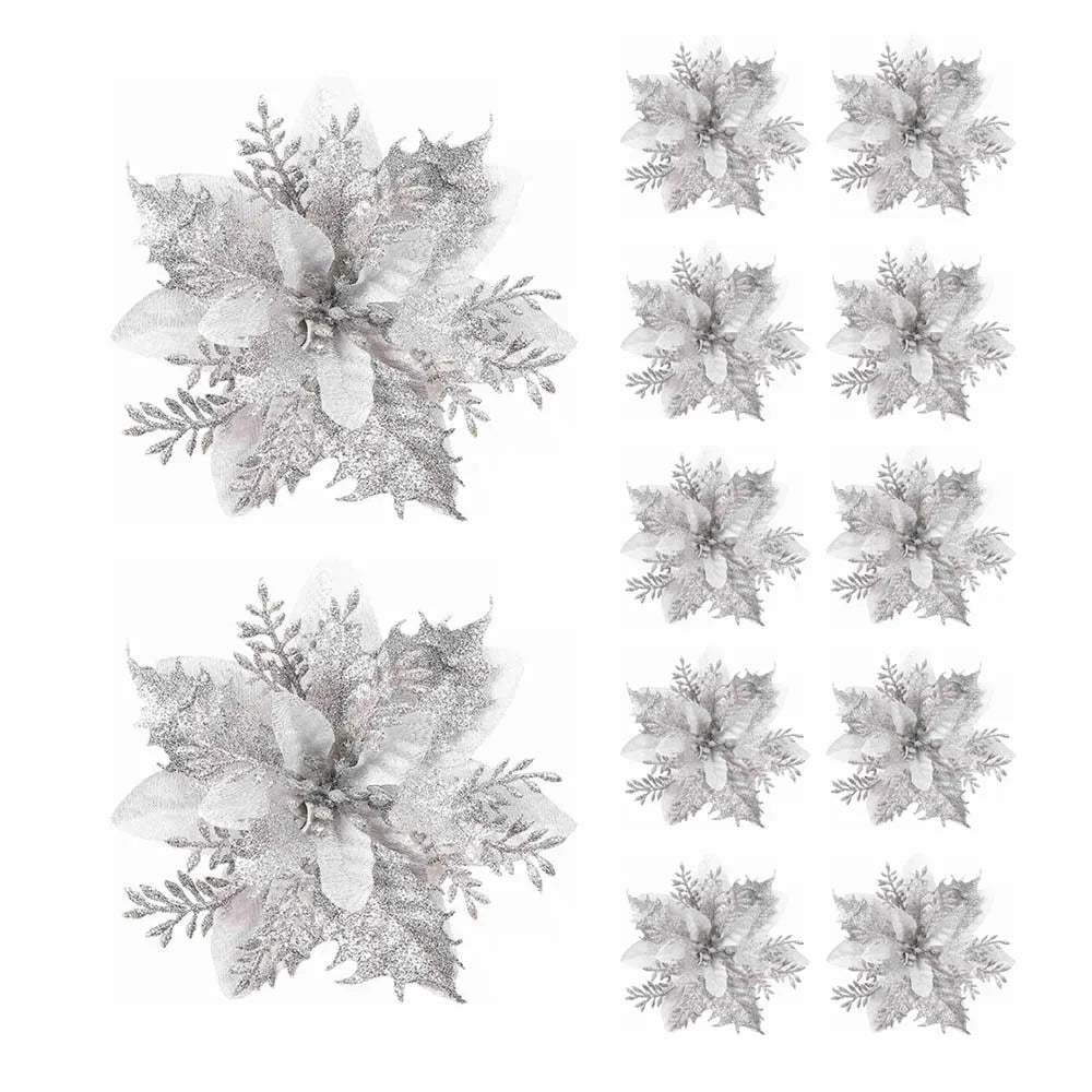 5/10pcs Glitter Poinsettia Flowers – Christmas Tree & Home Décor Ornaments (14.5 cm / 5.7 in)