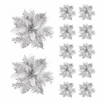 5/10pcs Glitter Poinsettia Flowers – Christmas Tree & Home Décor Ornaments (14.5 cm / 5.7 in)