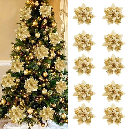 5/10pcs Glitter Poinsettia Flowers – Christmas Tree & Home Décor Ornaments (14.5 cm / 5.7 in)