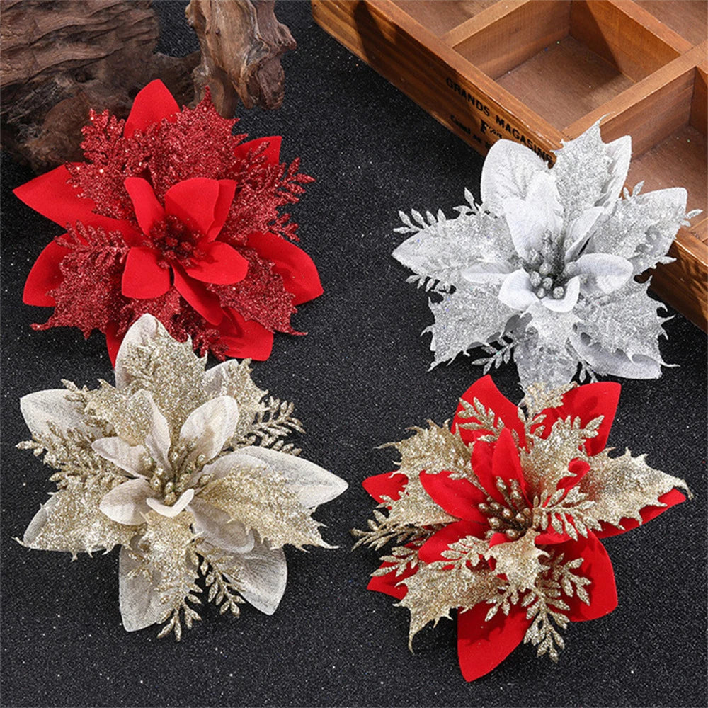 5/10pcs Glitter Poinsettia Flowers – Christmas Tree & Home Décor Ornaments (14.5 cm / 5.7 in)